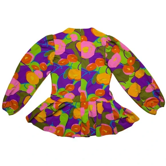 Vintage Zazie Small Bright Rainbow Floral 90s Long Sleeve Peplum Fitted Top - Picture 2 of 6